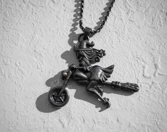 Witch on Motorcycle Pendant 925 Sterling Silver Black Rhodium Finish Biker Gothic Magic Necklace Gift