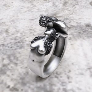 Two Lovers Kissing Ring 925 Sterling Silver Romantic Artistic Couple Jewelry Unique Handmade Design
