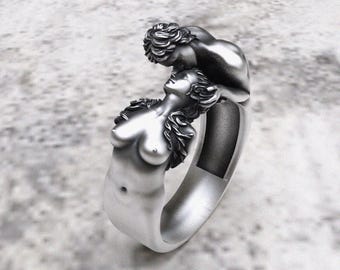 Two Lovers Kissing Ring 925 Sterling Silver Romantic Artistic Couple Jewelry Unique Handmade Design