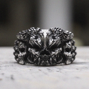 Demon Skull Ring 925 Sterling Silver, Gothic Biker Ring for Men, Handmade Skull Head Band Ring, Dark Fantasy Jewelry Gift
