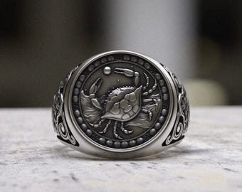 Crab Signet Ring 925 Sterling Silver - Handmade Cancer Zodiac Ring for Men, Ocean Inspired Jewelry, Sea Life Ring Gift