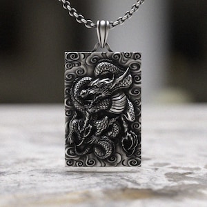 Asian Dragon Pendant 925 Sterling Silver | Rectangular Dragon Necklace with Cloud Motif | Men&#39;s Mythical Jewelry | Gift for Him