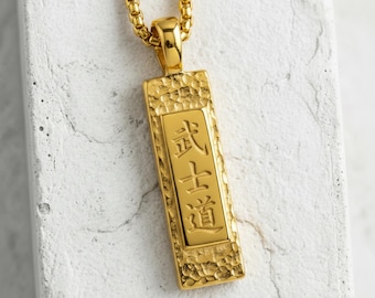 Bushido Kanji Pendant in 925 Sterling Silver, 14K Gold Vermeil Japanese Samurai Necklace, Handcrafted Warrior Jewelry for Men