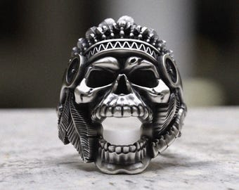 Native Skull Ring Sterling Silver, Tribal Chief Headdress Design, 925 Silver Statement Ring, Western Heritage Jewelry