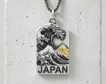 Great Wave Pendant in 925 Sterling Silver, Oxidized Gold Vermeil Mount Fuji Japan Necklace