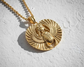 Scarab Pendant Gold Vermeil, Luxury Egyptian Jewelry, Ancient Egypt Necklace, Eye of Horus Amulet, Mythology Gift