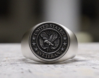 Veteran Ring - 925 Sterling Silver Eagle Signet Ring - United States Military Veteran Commemorative Ring for Men