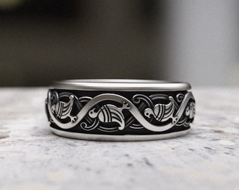 Viking Dragon Ring 925 Sterling Silver, Norse Jormungandr Band for Men, Handcrafted Oxidized Serpent Wedding Ring, Mythological Jewelry Gift