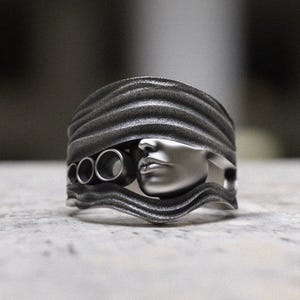 Steampunk Face Ring 925 Sterling Silver, Handmade Wave Pattern Ring with Mechanical Goggles Design, Gothic Statement Jewelry Gift for Women