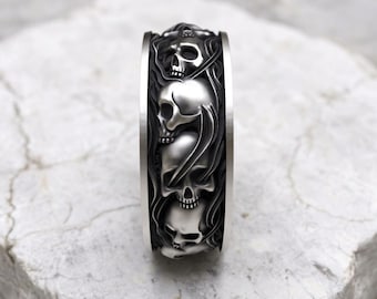Gothic Skull Wedding Band Sterling Silver Ring - Handcrafted Men's Dark Skull Ring 925 Black Oxidized Alternative Wedding Band Gift for Him