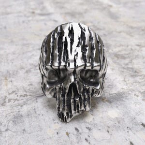 Carved Skull Ring 925 Sterling Silver - Gothic Textured Skull Ring for Men, Black Oxidized Alternative Statement Band Biker Gift
