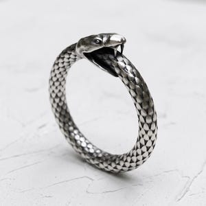 May include: A silver-toned metal bracelet shaped like a snake biting its own tail. The surface features a detailed, repeating scale pattern across the entire band. The snake head is positioned at the top, showing fangs and eyes in relief.