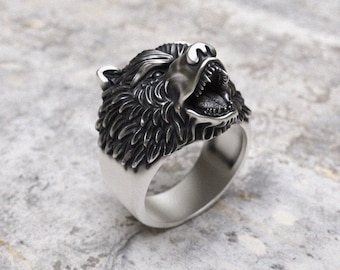 Bear Ring 925 Sterling Silver - Handcrafted Roaring Grizzly Men's Statement Ring - Oxidized Wild Animal Jewelry - Powerful Gift for Him