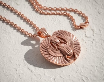 Scarab Pendant Rose Gold, Egyptian Jewelry, Ancient Egypt Necklace, Eye of Horus Amulet, Handmade Mythology Gift