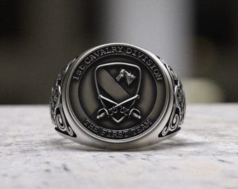 Cavalry Division Ring | Handcrafted 925 Sterling Silver Military Signet | First Team Veterans Jewelry | Celtic Pattern Band