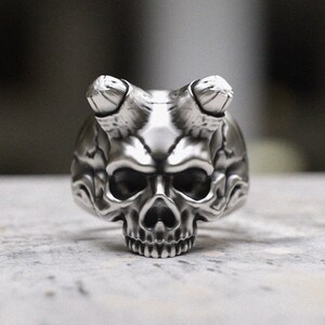 Horned Skull Ring 925 Sterling Silver, Demon Skull Biker Ring, Gothic Horror Statement Ring, Handcrafted Detailed Skull Jewelry Gift for Men