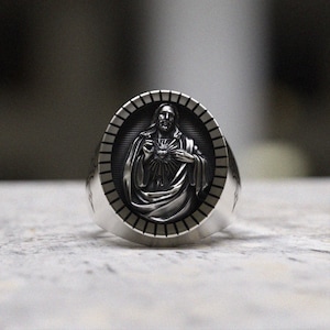 925 Sterling Silver Sacred Heart of Jesus Ring | Religious Medallion Ring | Catholic Christian Jewelry | Men&#39;s Faith Statement Ring