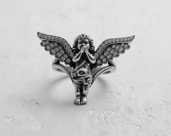 Praying Angel Ring 925 Sterling Silver Oxidized Polished Black Rhodium Finish Religious Jewelry Cherub Statement Ring for Women Gift for Her