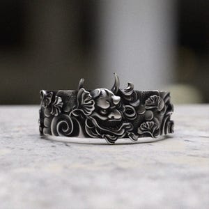 Japanese Oni Mask Ring Sterling Silver , Hannya Demon Ring 925, Traditional Asian Art Statement Band, Oxidized Theater Inspired Design