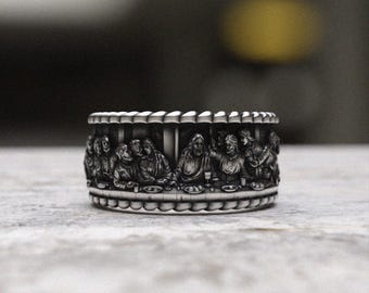 Last Supper Ring Sterling Silver 925 - Biblical Scene Band with Religious Figures - Christian Ring for Men Women - Faith Jewelry