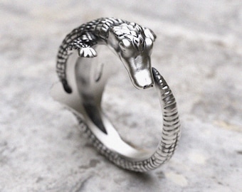 Alligatorring 925 sterlingsilver - justerbart krokodilband, handgjord oxiderad djurring, gåva i stil