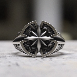 Compass Rose Ring Sterling Silver, North Star Navigator Ring 925, Windrose Statement Band, Adventure Travel Jewelry