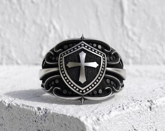 Templar Cross Shield Ring | 925 Sterling Silver Medieval Ring | Men's Knight Crusader Ring | Christian Faith Jewelry | Gift for Him