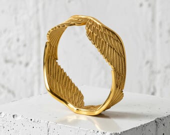 Angel Wings Ring in 925 Sterling Silver Gold Vermeil, Handcrafted Guardian Feather Band, Religious Jewelry Gift