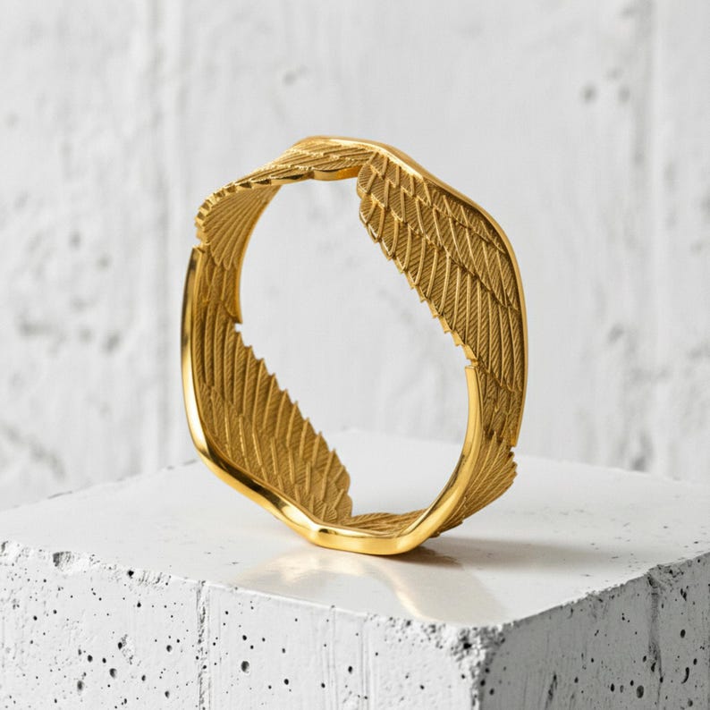 Angel Wings Ring in 925 Sterling Silver Gold Vermeil, Handcrafted Guardian Feather Band, Religious Jewelry Gift image 1