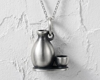Japanese Sake Set Pendant in Polished 925 Sterling Silver, Tokkuri Bottle Necklace, Handcrafted Jewelry Gift