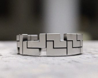 925 Sterling Silver Geometric Ring, Handmade Contemporary Modern Band Ring, Unique Minimalist Statement Ring for Men Women Wedding Band