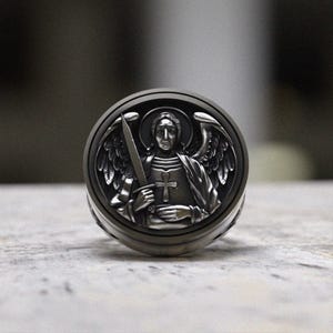 Archangel Michael Ring 925 Sterling Silver | Religious Guardian Angel Signet Ring | Men&#39;s Protection Saint Warrior Spiritual Jewelry Gift