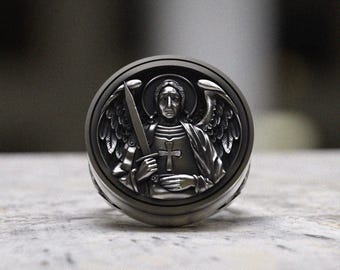 Archangel Michael Ring 925 Sterling Silver | Religious Guardian Angel Signet Ring | Men's Protection Saint Warrior Spiritual Jewelry Gift