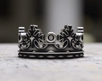 Crown Ring 925 Sterling Silver - Royal Black Oxidized Statement Band for Men, Handcrafted Medieval Gothic Crown Ring Anniversary Gift