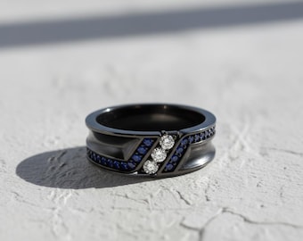 Black Rhodium Ring 925 Sterling Silver Geometric Chevron Wedding Band Dark Mens Womens Statement Ring Handmade Jewelry Gift