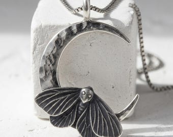 Moth Crescent Moon Pendant in 925 Sterling Silver, Oxidized Celestial Necklace, Witchy Cottagecore Jewelry