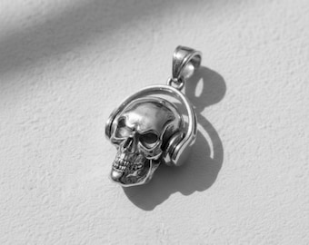 Skull Headphones Pendant 925 Sterling Silver Oxidized Finish DJ Music Charm Gothic Biker Necklace Unisex
