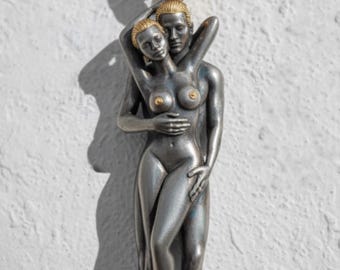 Lovers Pendant 925 Sterling Silver Two Tone Gold Vermeil Oxidized Finish Passionate Couple Necklace Romantic Art Jewelry