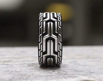 Geometric Pattern Ring 925 Sterling Silver Modern Maze Design Mens Wedding Band Minimalist Statement Ring Contemporary