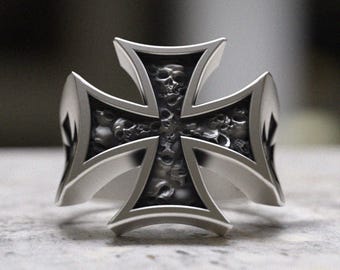 Cross Ring 925 Sterling Silver - Biker Skull Gothic Ring for Men, Black Oxidized Maltese Statement Band Religious Medieval Jewelry