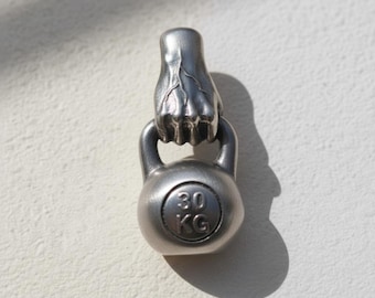 Fist Kettlebell Pendant 925 Sterling Silver Oxidized Finish Gym Necklace Weightlifting Jewelry Bodybuilder Gift