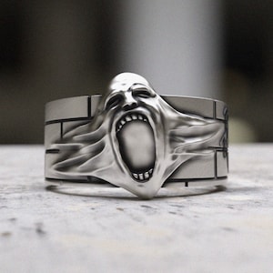 Screaming Wall Face Silver Ring Gothic Statement Band, Artistic 925 Sterling Silver Jewelry, Unique Gift for Men and Women