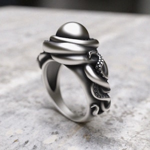 Octopus Ring 925 Sterling Silver - Black Oxidized Pearl Ring with Tentacles, Handmade Sea Creature Statement Band Marine Jewelry