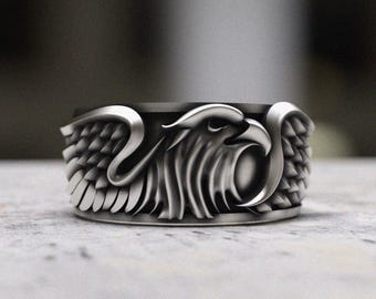 Eagle Wing Ring - 925 Sterling Silver Bird Ring - Handmade Oxidized Statement Ring Majestic Feather Band Gothic Animal Jewelry