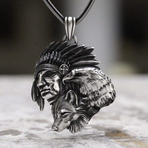 Native Spirit Anhänger 925 Silber, Adler Wolf Indianer Häuptling Halskette, Tribal Krieger Tier Totem Schmuck, Herren Statement Anhänger Geschenk