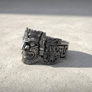 Aztekisk krigarring | Oxiderat silver | Tribal maskdesign | Handgjorda smycken | Statementring bild 2