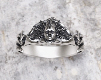 Veritas Ring, 925 Sterling Silver, Art Nouveau Face Ring, Handcrafted Statement Ring, Gothic Angel Wing Design, Latin Philosophy Gift