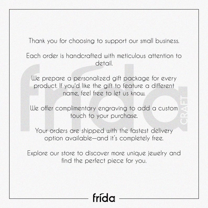 Thank you message for supporting a small business. Highlights personalized gift packaging, free engraving, and fast, free shipping. Encourages customers to explore unique handcrafted jewelry in the store.