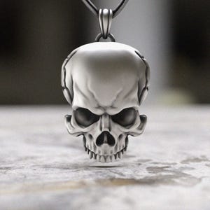 Skull Pendant Necklace 925 Sterling Silver | Modern Minimalist Matte Finish Skull Jewelry | Gothic Biker Pendant | Men&#39;s Gift