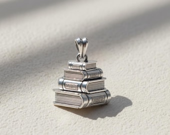 Stacked Books Pendant 925 Sterling Silver Oxidized Gold Vermeil Finishes Academic Style Librarian Gift Bookworm Necklace